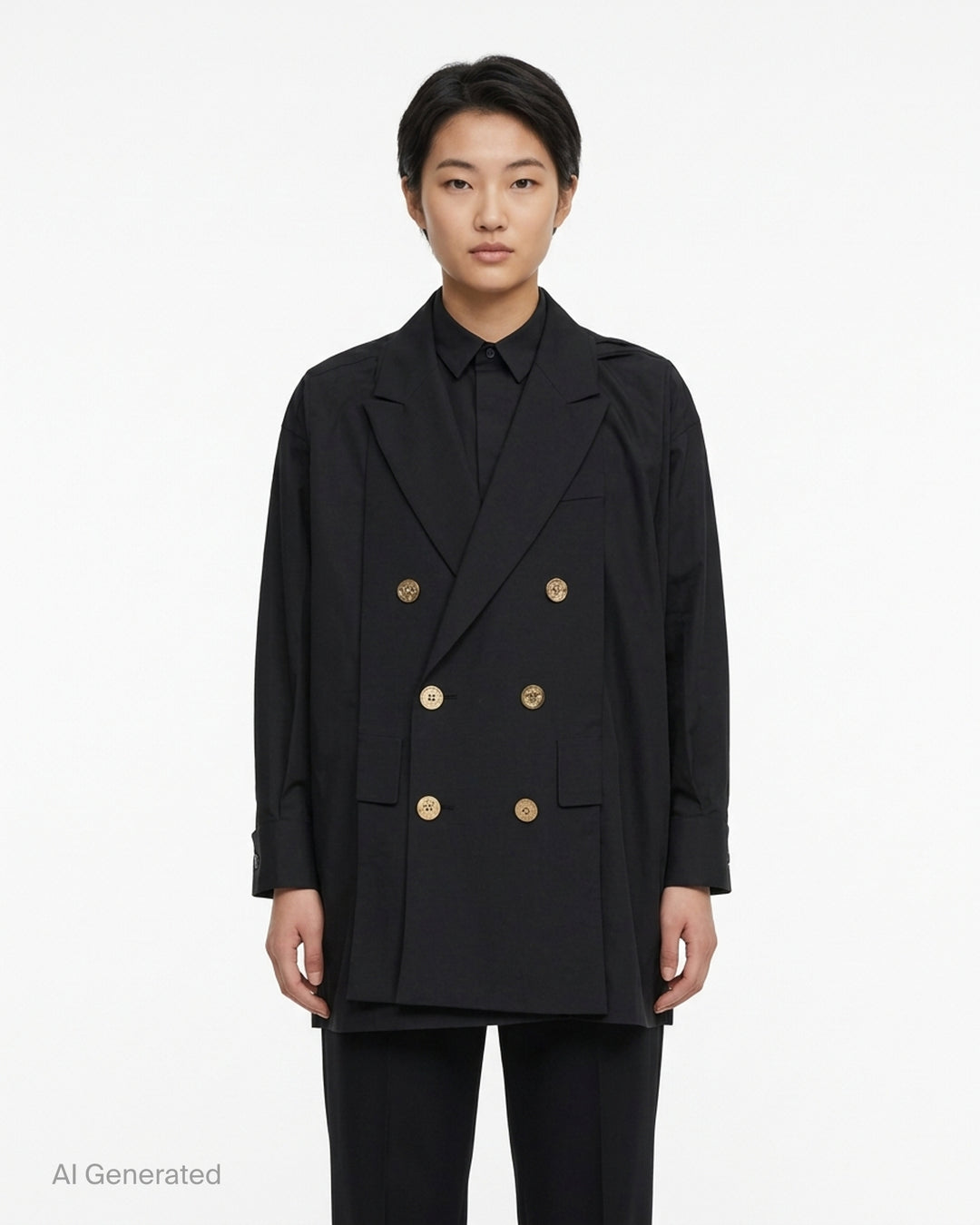 sacai Poplin X Suiting Shirt in black with double-breasted blazer front, peak lapels and gold anchor buttons over a poplin shirt body - front