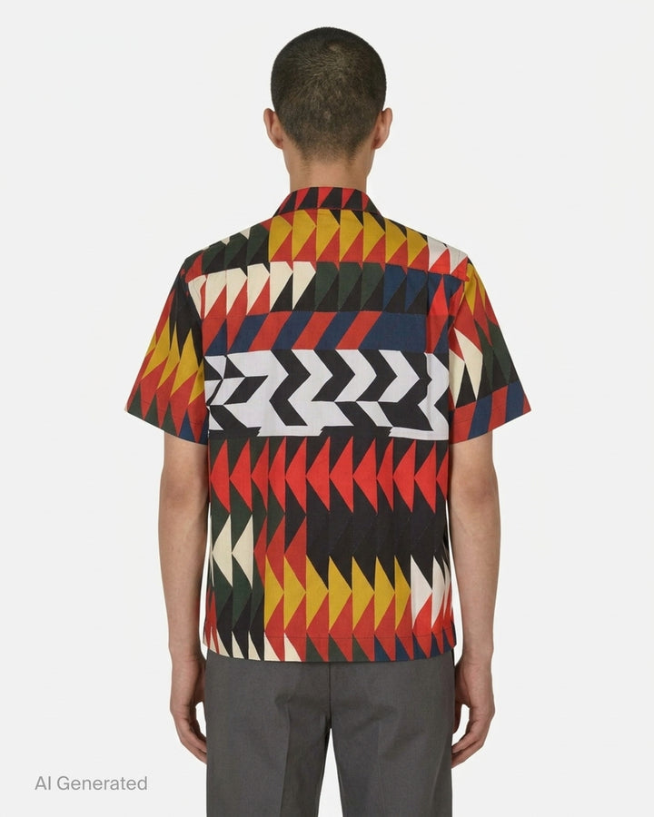 sacai x A.P.C. Quilts short sleeve shirt with a multicolour geometric arrow print, camp collar, button front and two flap chest pockets - back