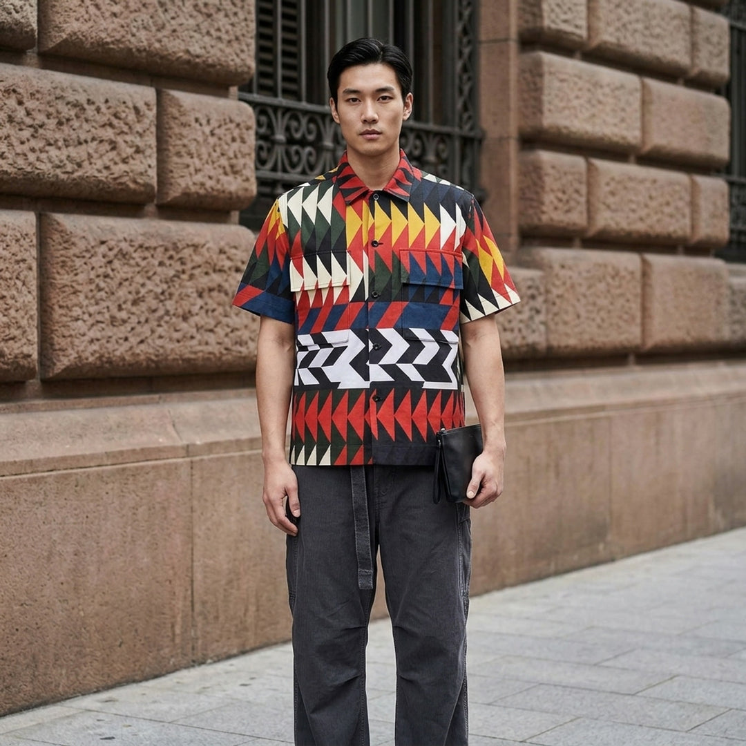 sacai x A.P.C. Quilts short sleeve shirt with a multicolour geometric arrow print, camp collar, button front and two flap chest pockets - lifestyle