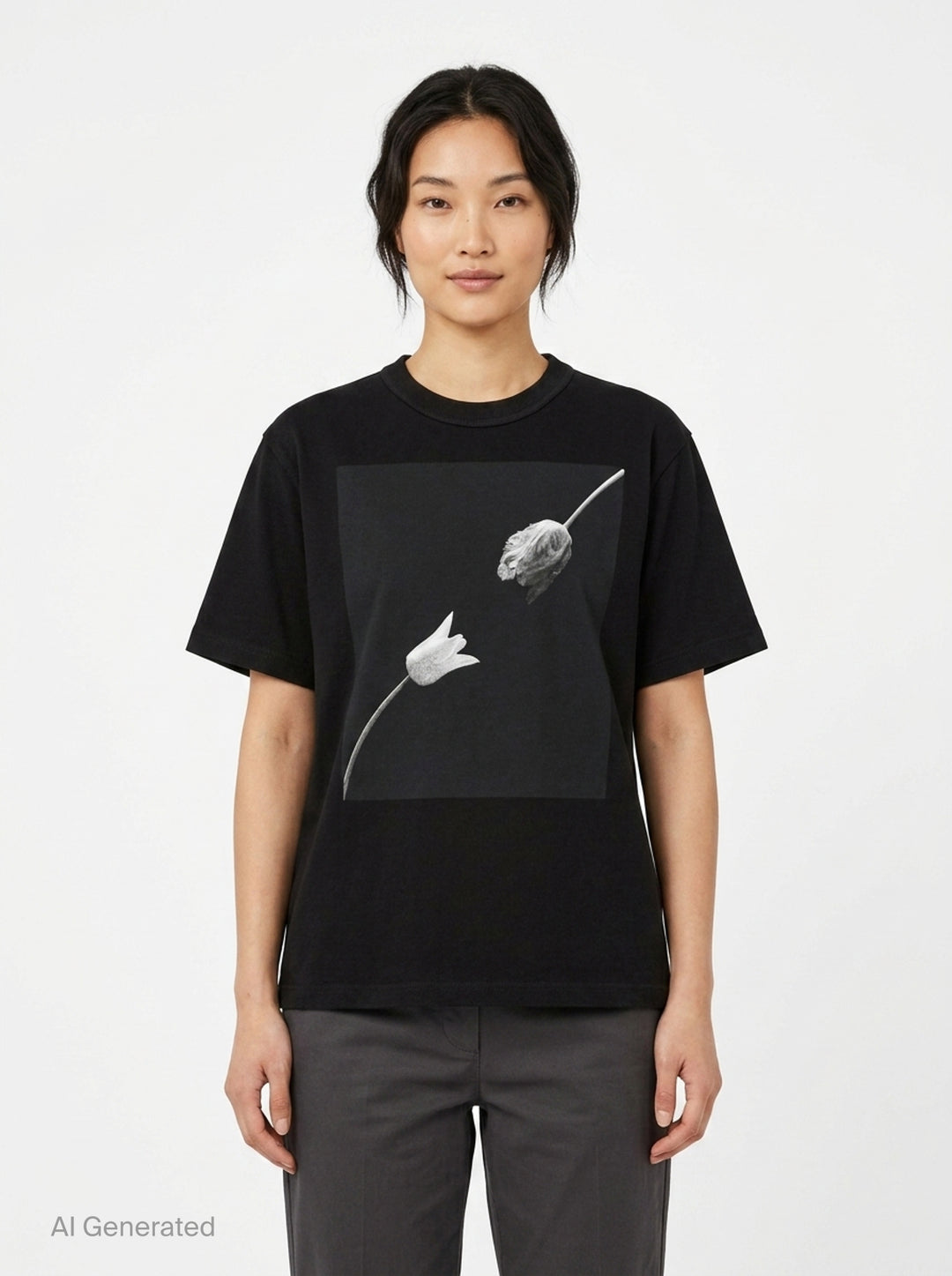 sacai Robert Mapplethorpe Graphic Tee in black, featuring a square monochrome photographic print of two tulips — one in bloom and one wilting — on the chest, with a relaxed boxy fit and crew neckline - front