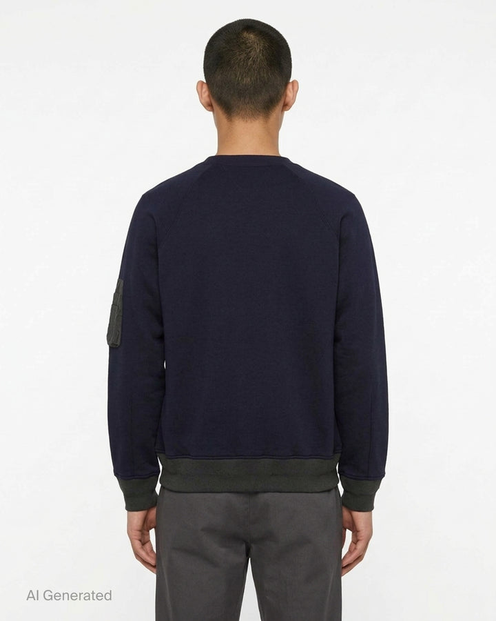 sacai Sponge Sweat Blouson in navy with asymmetric diagonal zip, contrast dark ribbed hem and cuffs, chest snap tabs and off-white sleeve zip pocket - back