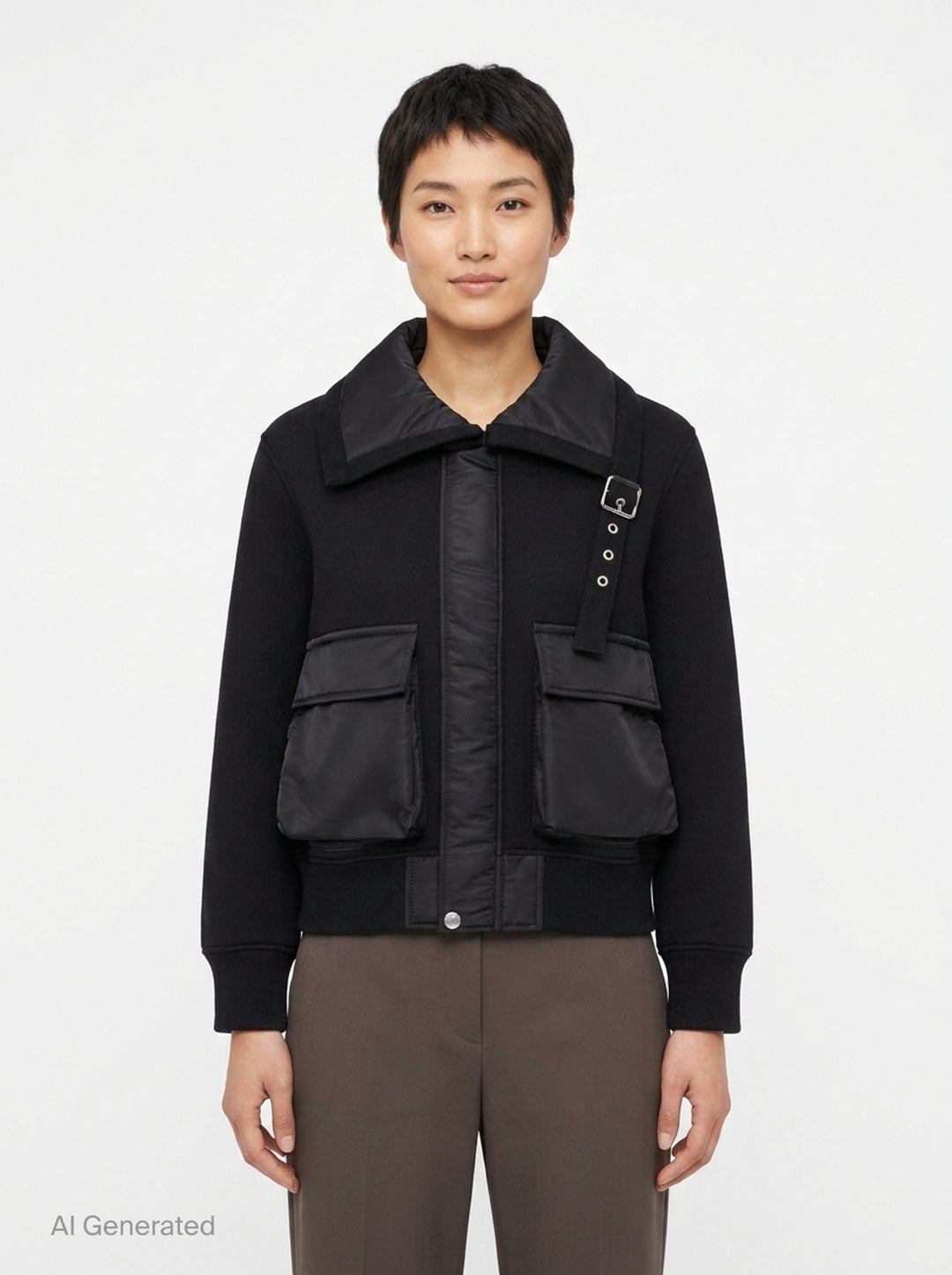 sacai Sponge Sweat Blouson in black, featuring a quilted nylon bib front, oversized spread collar, four cargo pockets, grommet strap detail, and ribbed cuffs - front