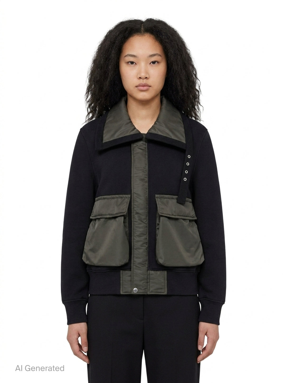 sacai Sponge Sweat Blouson in black, featuring a quilted nylon bib front, oversized spread collar, four cargo pockets, grommet strap detail, and ribbed cuffs - front