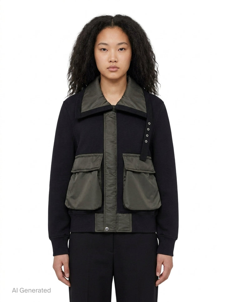 sacai Sponge Sweat Blouson in black, featuring a quilted nylon bib front, oversized spread collar, four cargo pockets, grommet strap detail, and ribbed cuffs - front