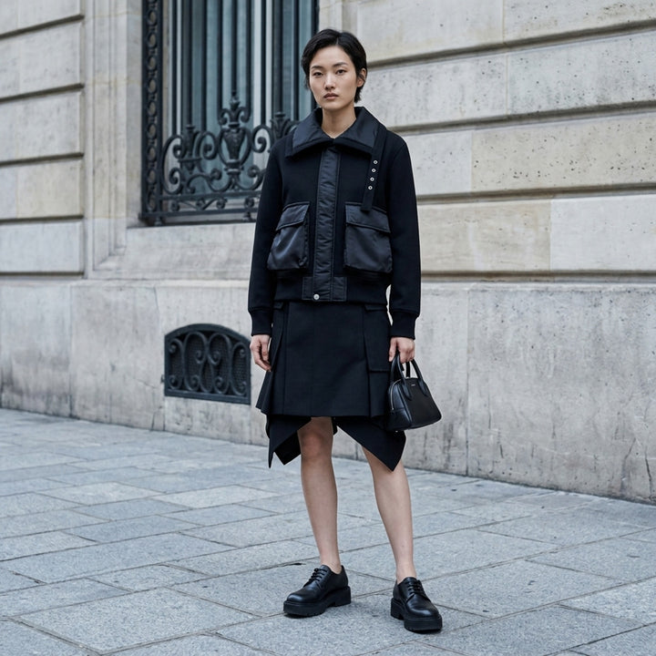 sacai Sponge Sweat Blouson in black, featuring a quilted nylon bib front, oversized spread collar, four cargo pockets, grommet strap detail, and ribbed cuffs - lifestyle