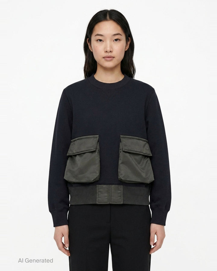 sacai Sponge Sweat Cargo Pullover in black with contrast olive nylon cargo pockets and bomber-style nylon hem panel, front view - front
