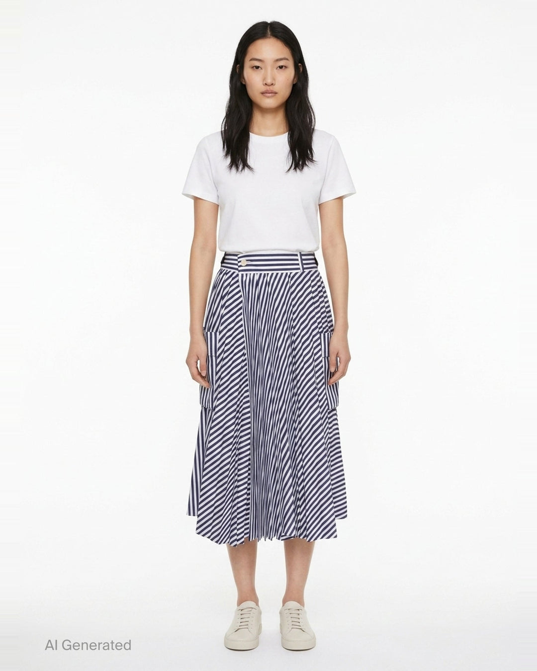 Striped Cotton Poplin Pleated Skirt | sacai | Club21 - front