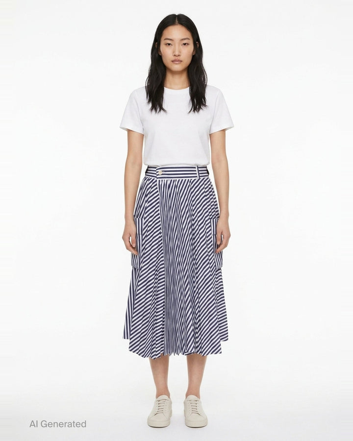 Striped Cotton Poplin Pleated Skirt | sacai | Club21 - front