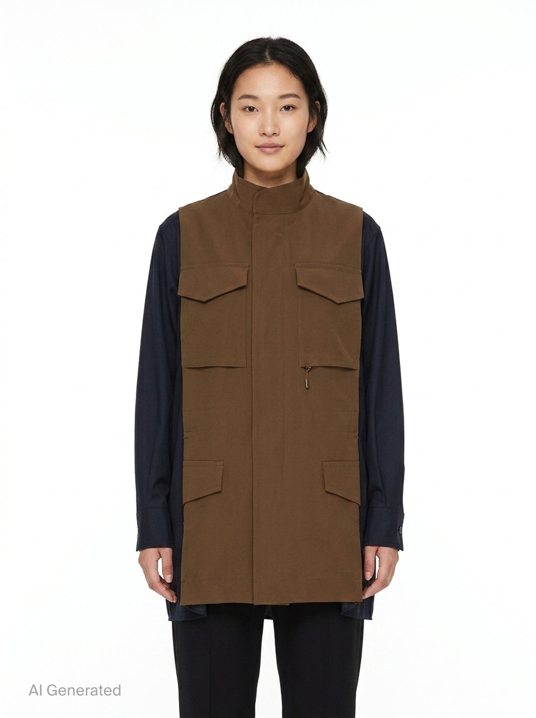 sacai Suiting x Crepe Back Satin Shirt in khaki and navy, featuring four flap cargo pockets, stand collar, and contrast long sleeves in a relaxed oversized silhouette - front