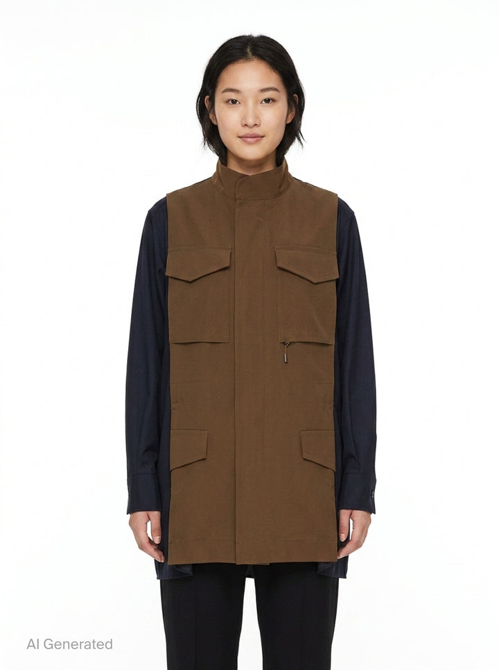 sacai Suiting x Crepe Back Satin Shirt in khaki and navy, featuring four flap cargo pockets, stand collar, and contrast long sleeves in a relaxed oversized silhouette - front