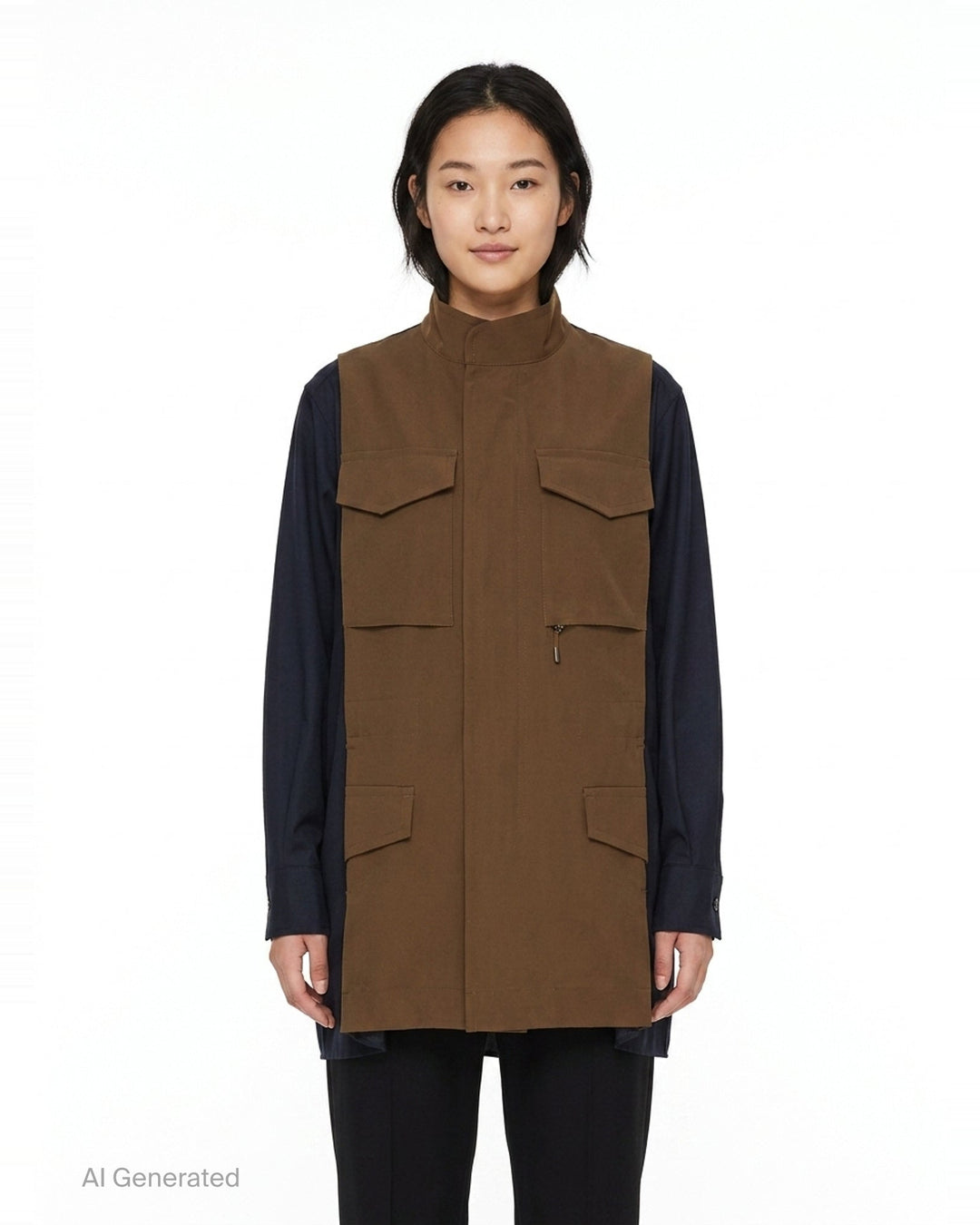 sacai Suiting x Crepe Back Satin Shirt in khaki and navy, featuring four flap cargo pockets, stand collar, and contrast long sleeves in a relaxed oversized silhouette - front