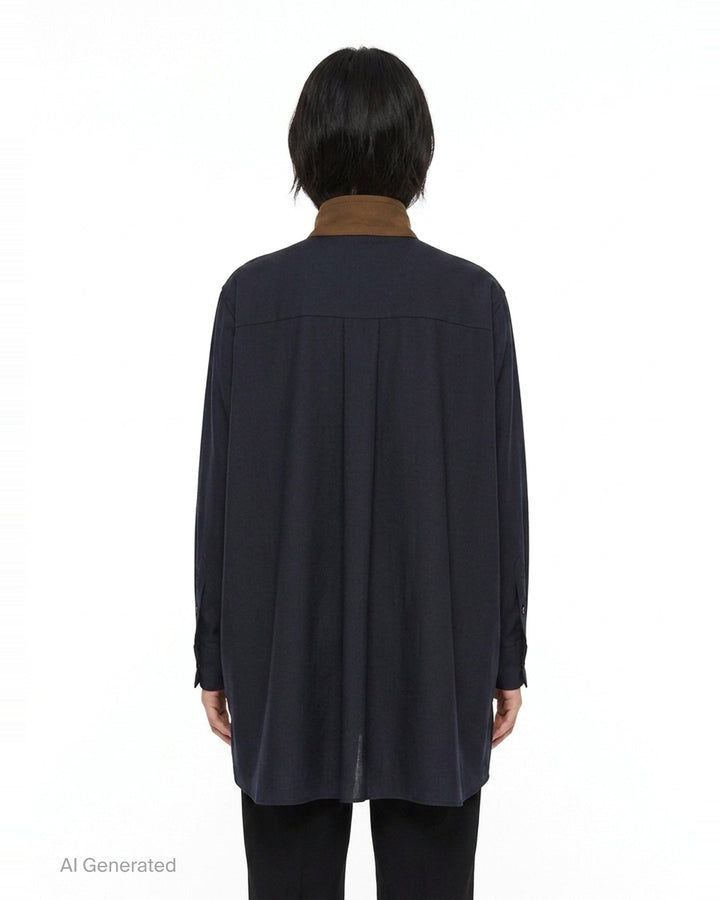 sacai Suiting x Crepe Back Satin Shirt in khaki and navy, featuring four flap cargo pockets, stand collar, and contrast long sleeves in a relaxed oversized silhouette - back