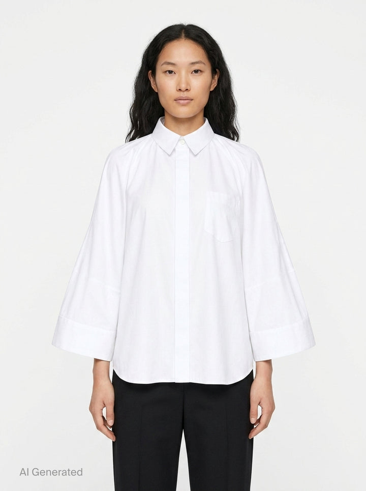 sacai Wide Sleeve Poplin Shirt in black, featuring a concealed button placket, point collar, flared long sleeves with deep cuffs, a chest patch pocket, and twin lower patch pockets - front