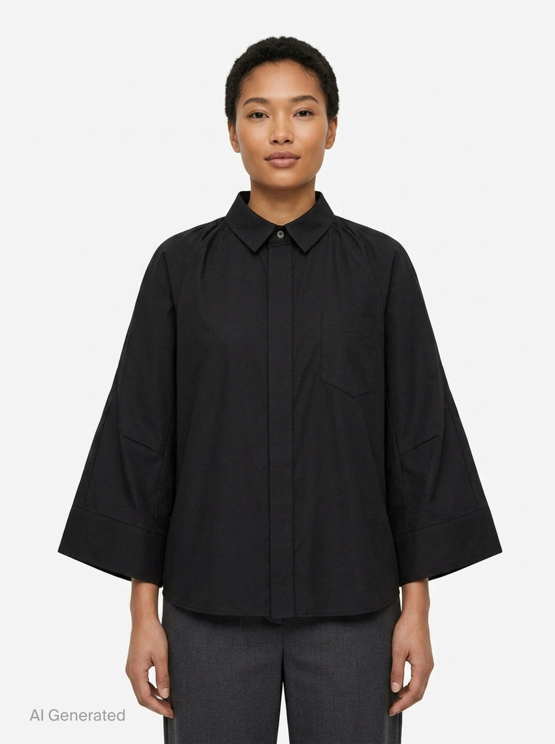 sacai Wide Sleeve Poplin Shirt in black, featuring a concealed button placket, point collar, flared long sleeves with deep cuffs, a chest patch pocket, and twin lower patch pockets - front