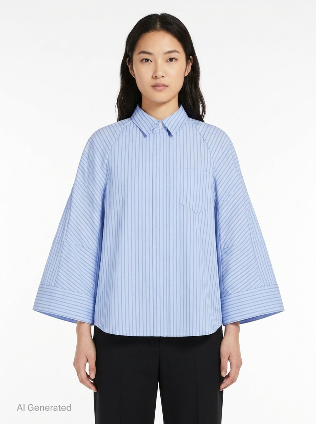 sacai Wide Sleeve Poplin Shirt in black, featuring a concealed button placket, point collar, flared long sleeves with deep cuffs, a chest patch pocket, and twin lower patch pockets - front