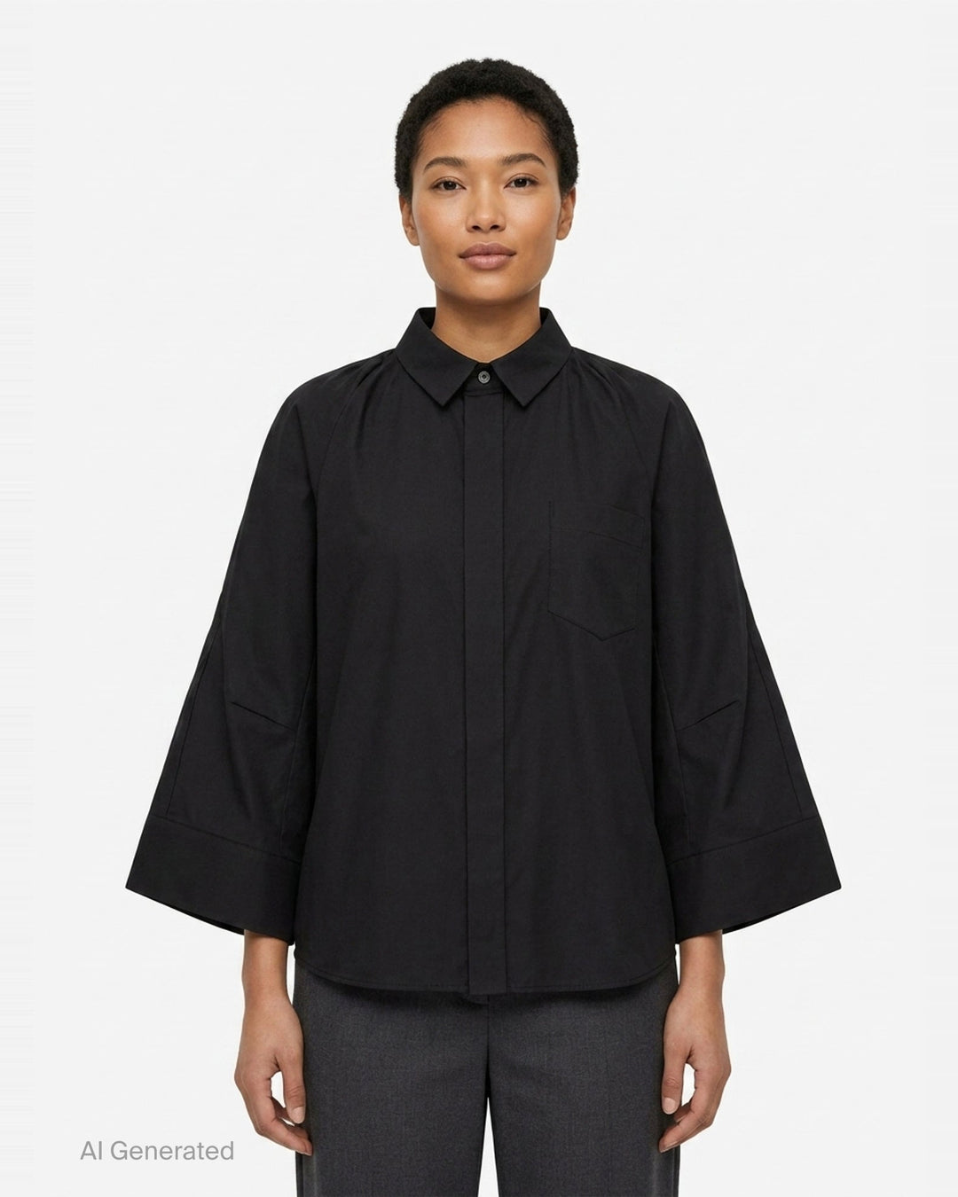 sacai Wide Sleeve Poplin Shirt in black, featuring a concealed button placket, point collar, flared long sleeves with deep cuffs, a chest patch pocket, and twin lower patch pockets - front