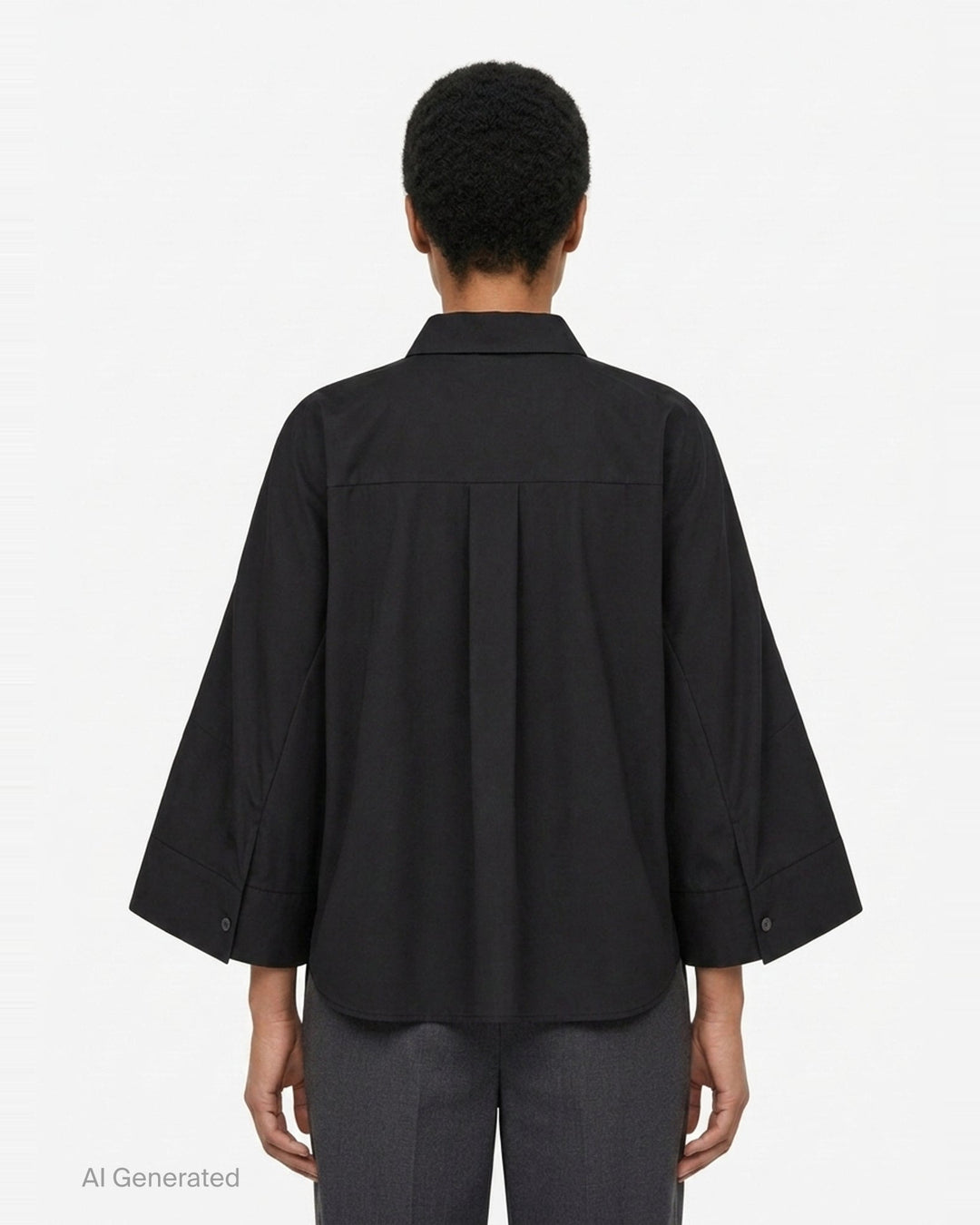 sacai Wide Sleeve Poplin Shirt in black, featuring a concealed button placket, point collar, flared long sleeves with deep cuffs, a chest patch pocket, and twin lower patch pockets - back