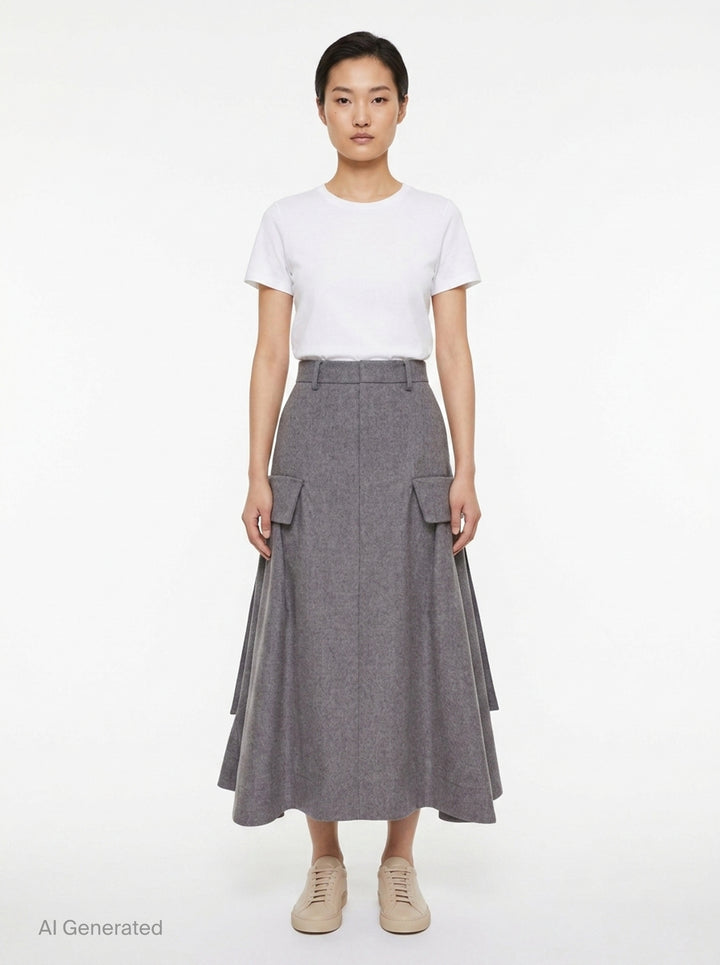 sacai Wool Flannel Cargo Skirt in heather grey — high-waisted A-line midi with dual utility patch pockets and belt loops, front view - front