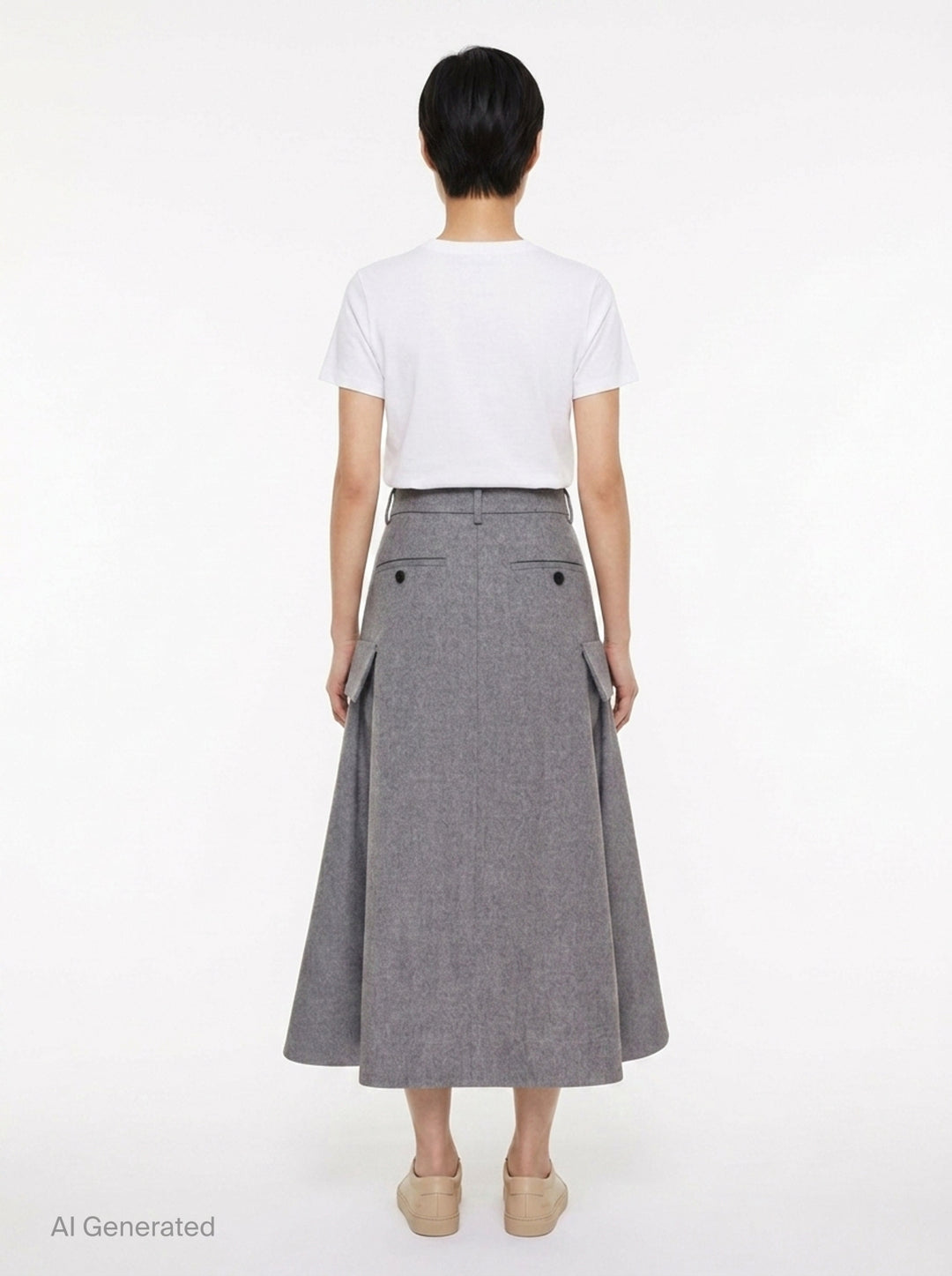 sacai Wool Flannel Cargo Skirt in heather grey — high-waisted A-line midi with dual utility patch pockets and belt loops, front view - back