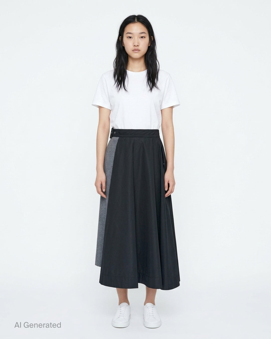 sacai Wool Flannel x Taffeta Bonding midi skirt in navy and grey with asymmetric contrast panel and belted waistband - front