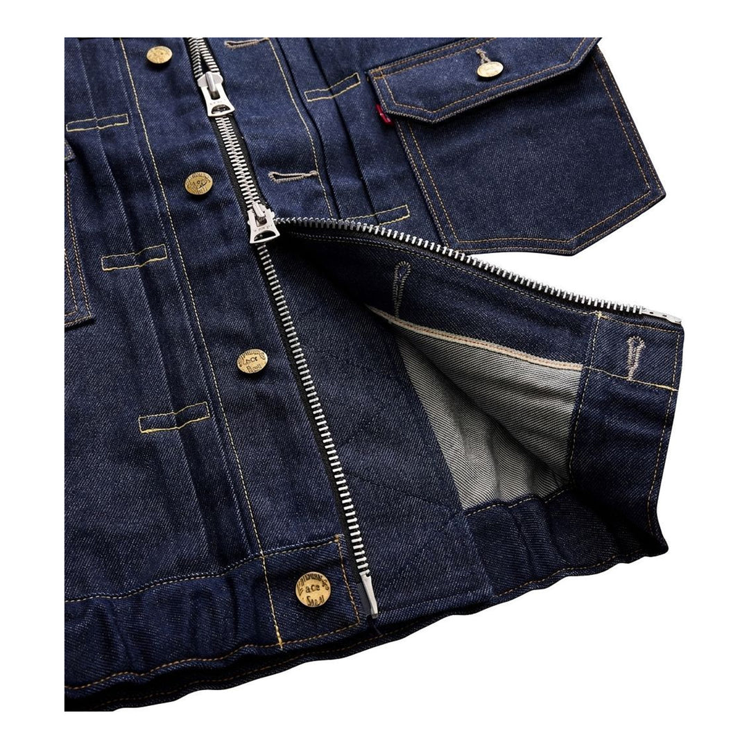 sacai x Levi's denim blouson jacket in stonewashed indigo with white zip front, flap chest pockets and sleeve zip pocket - packshot