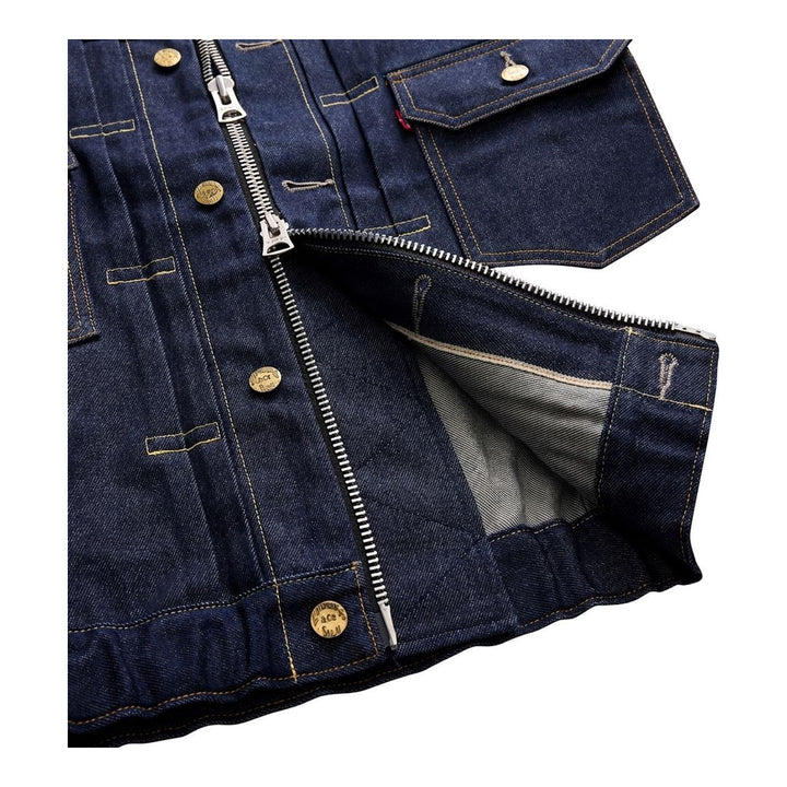 sacai x Levi's denim blouson jacket in stonewashed indigo with white zip front, flap chest pockets and sleeve zip pocket - packshot