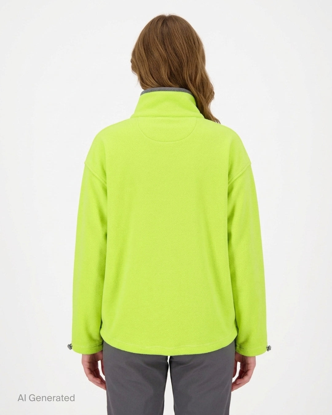 Sandy Liang Ascher pullover in lime green fleece with half-zip front, grey contrast collar, toggle cuffs and woven logo patch - back