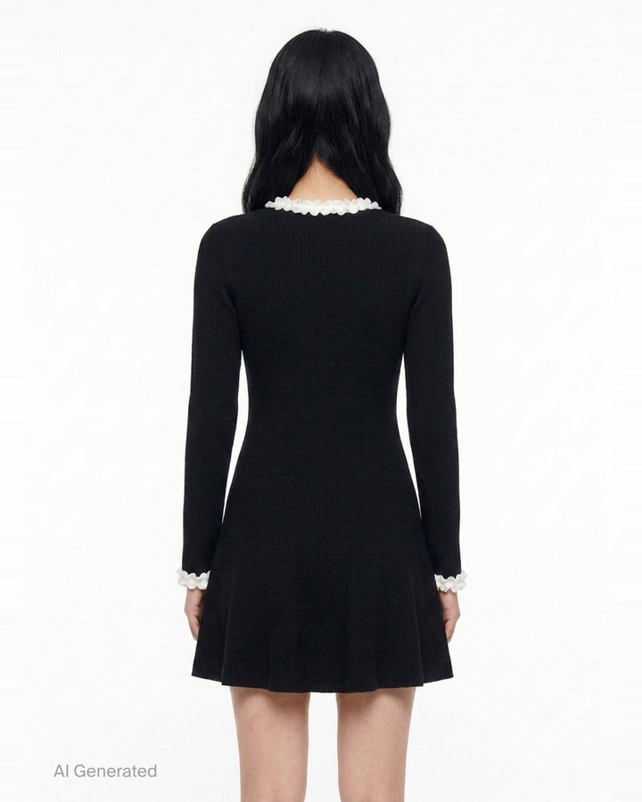 Black Chenille Knit Flower Trim Mini Dress | Self-Portrait | Club21 - back