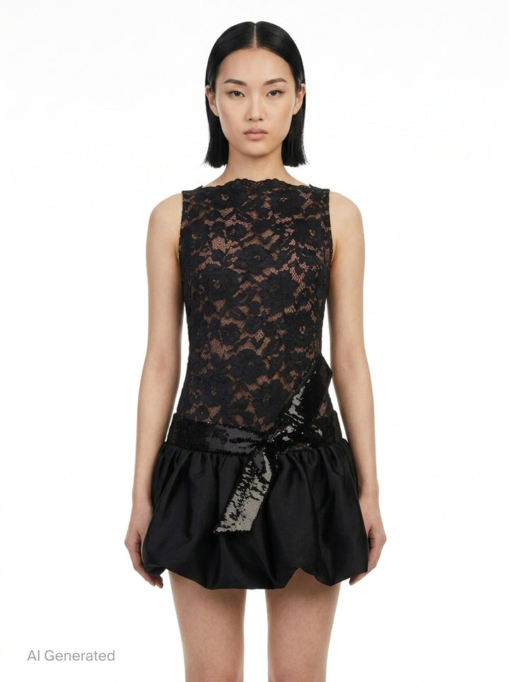 Black Lace Bubble Hem Mini Dress | Self-Portrait | Club21 - front
