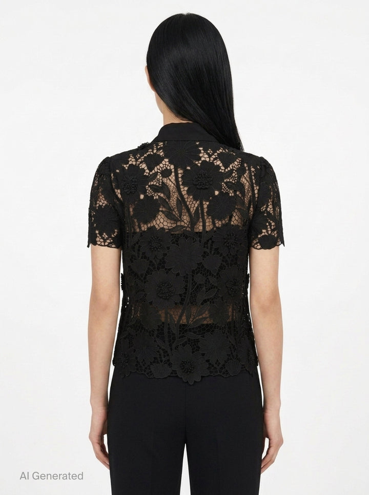 Black Lace Tie Neck Top | Self-Portrait | Club21 - back
