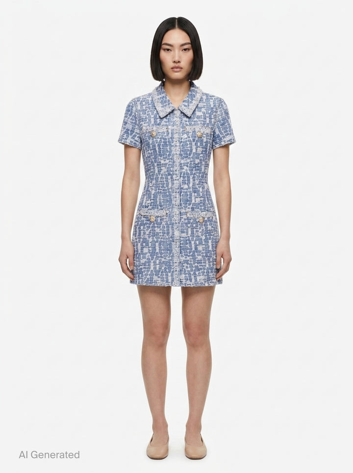 Blue Collared Textured Denim Mini Dress | Self-Portrait | Club21 - front