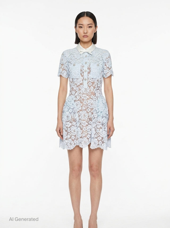 Blue Lace Flared Mini Dress | Self-Portrait | Club21 - front