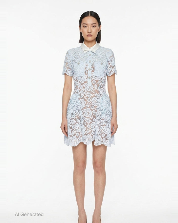 Blue Lace Flared Mini Dress | Self-Portrait | Club21 - front