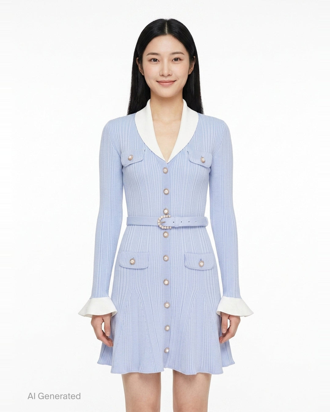 Blue Ribbed Knit Mini Dress | Self-Portrait | Club21 - front