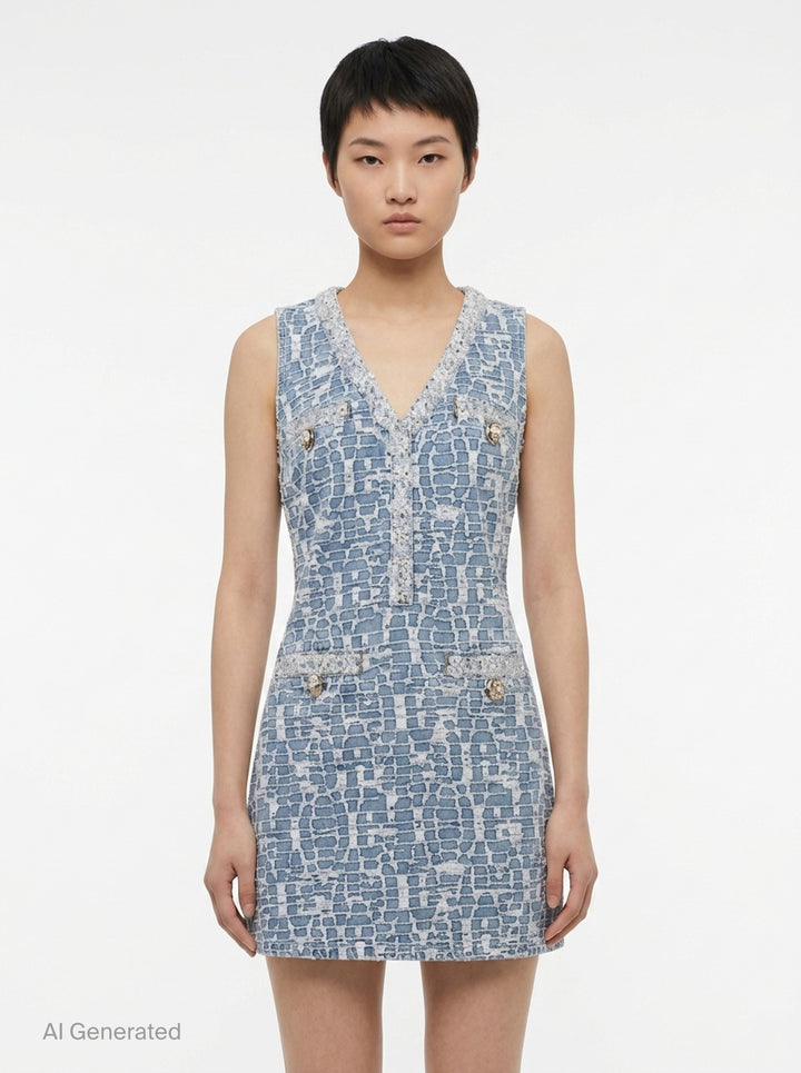 Blue Textured Denim Mini Dress | Self-Portrait | Club21 - front