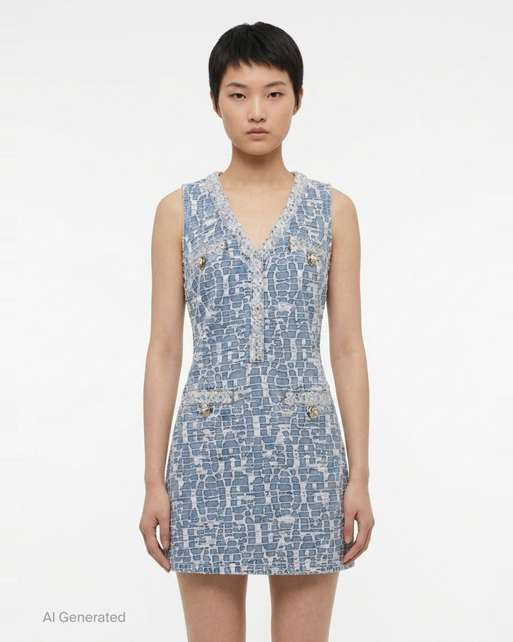 Blue Textured Denim Mini Dress | Self-Portrait | Club21 - front