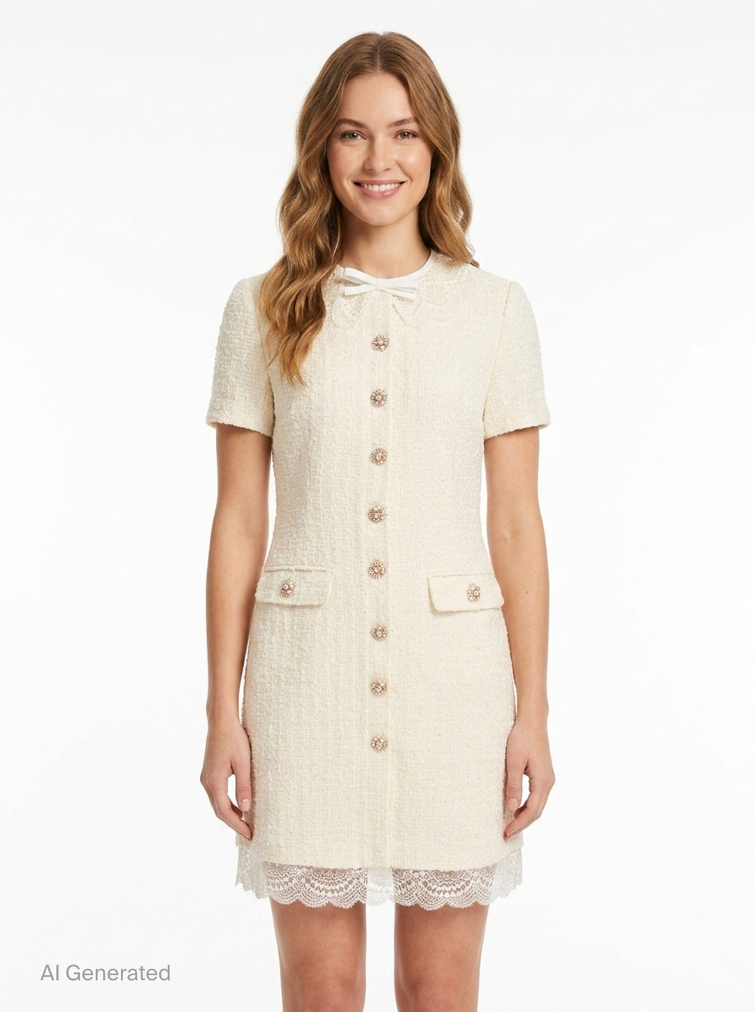 Cream Bouclé Lace Trim Mini Dress | Self-Portrait
