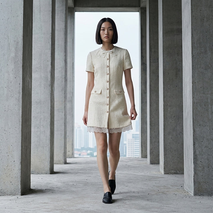 Cream Bouclé Lace Trim Mini Dress | Self-Portrait | Club21 - lifestyle
