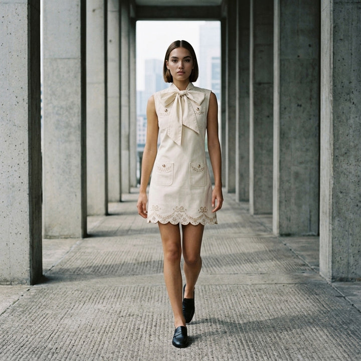 Cream Broderie Denim Mini Dress | Self-Portrait | Club21 - lifestyle