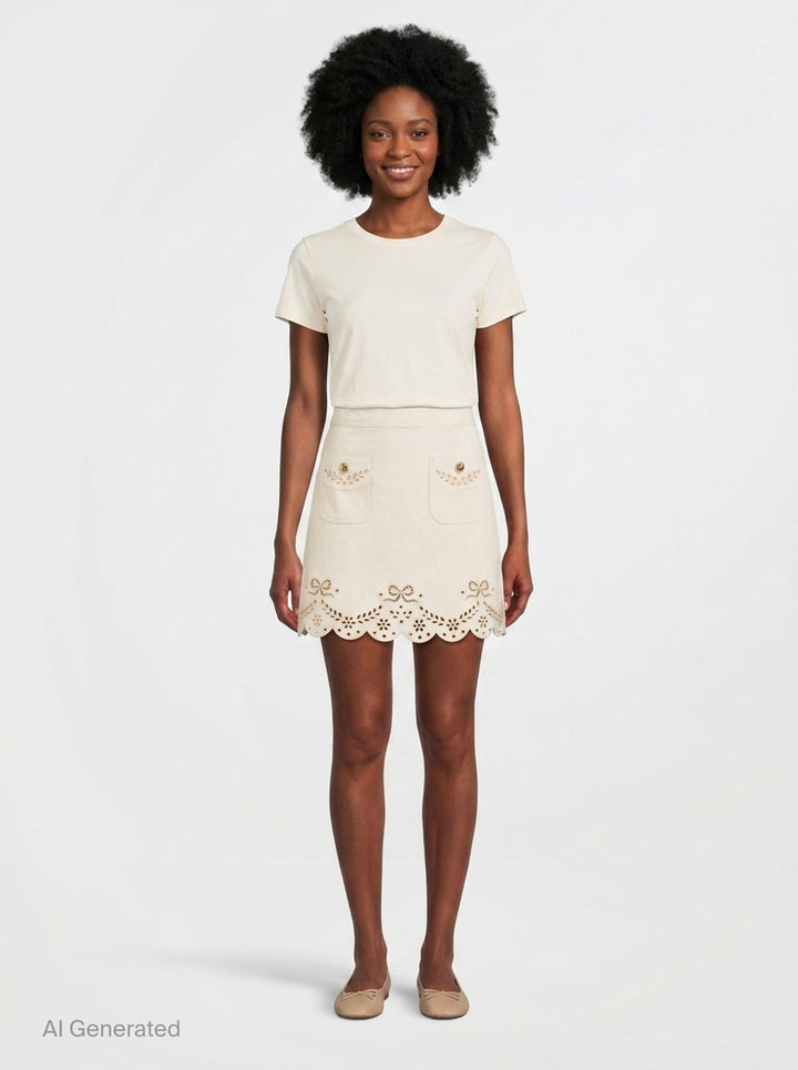 Cream Broderie Denim Mini Skirt | Self-Portrait | Club21 - front