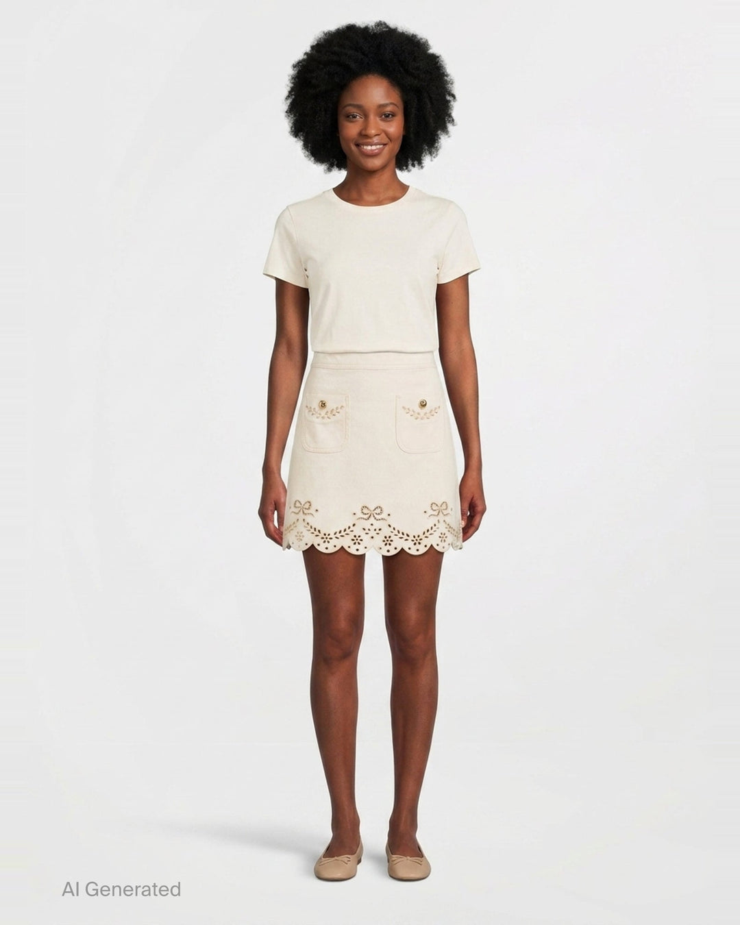 Cream Broderie Denim Mini Skirt | Self-Portrait | Club21 - front