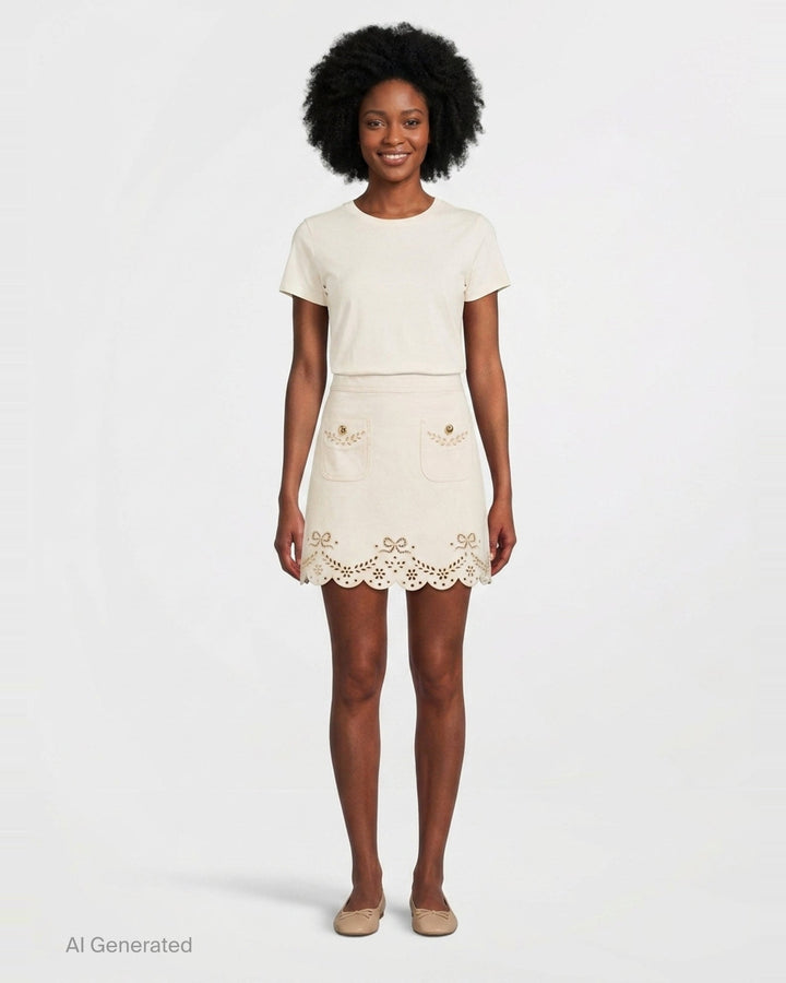 Cream Broderie Denim Mini Skirt | Self-Portrait | Club21 - front