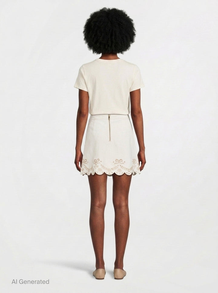 Cream Broderie Denim Mini Skirt | Self-Portrait | Club21 - back