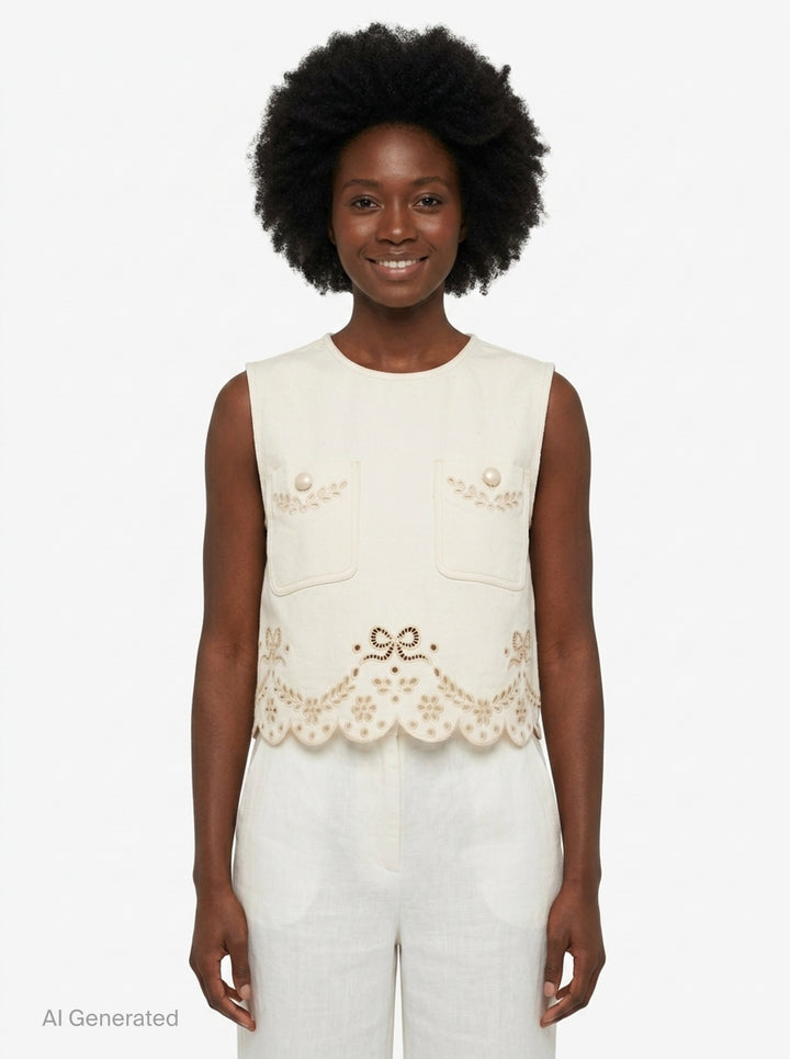 Cream Broderie Denim Top | Self-Portrait | Club21 - front