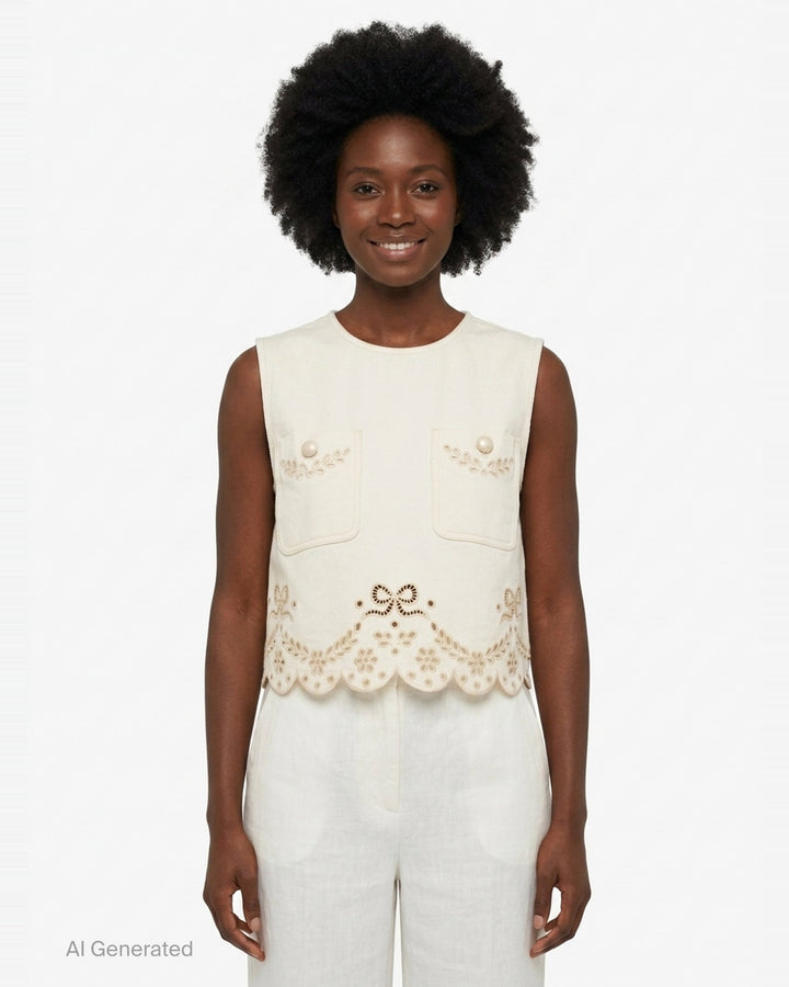 Cream Broderie Denim Top | Self-Portrait | Club21 - front
