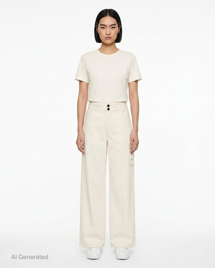 Cream Denim Wide-Leg Trousers | Self-Portrait | Club21 - front