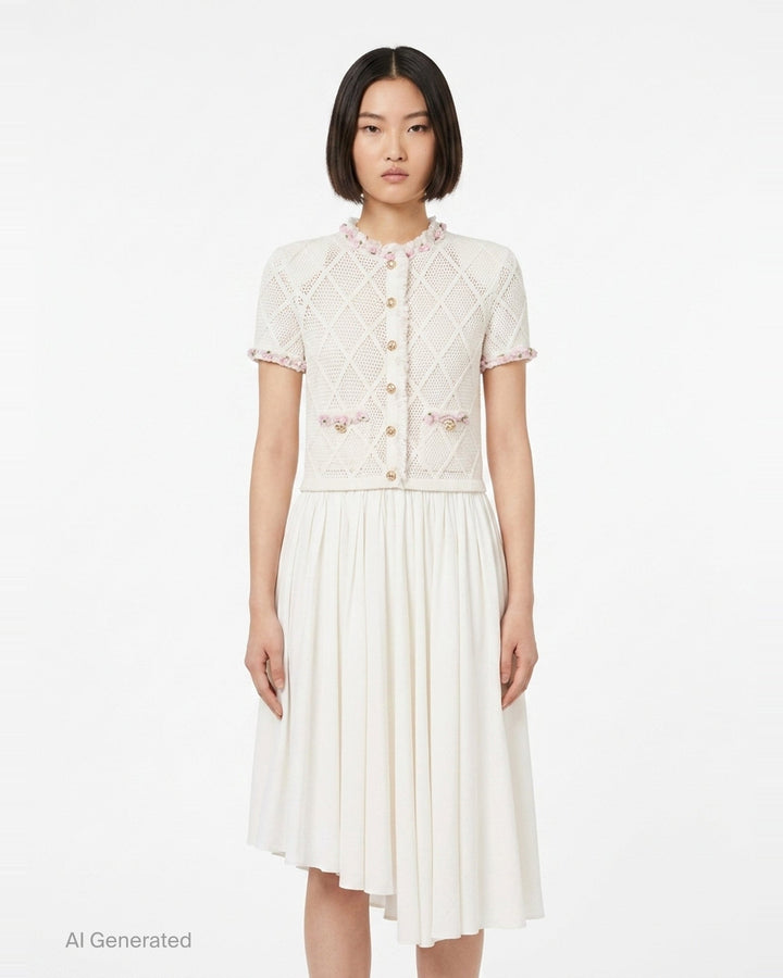 Cream Fringe Knit Cotton Midi Dress | Self-Portrait | Club21 - front