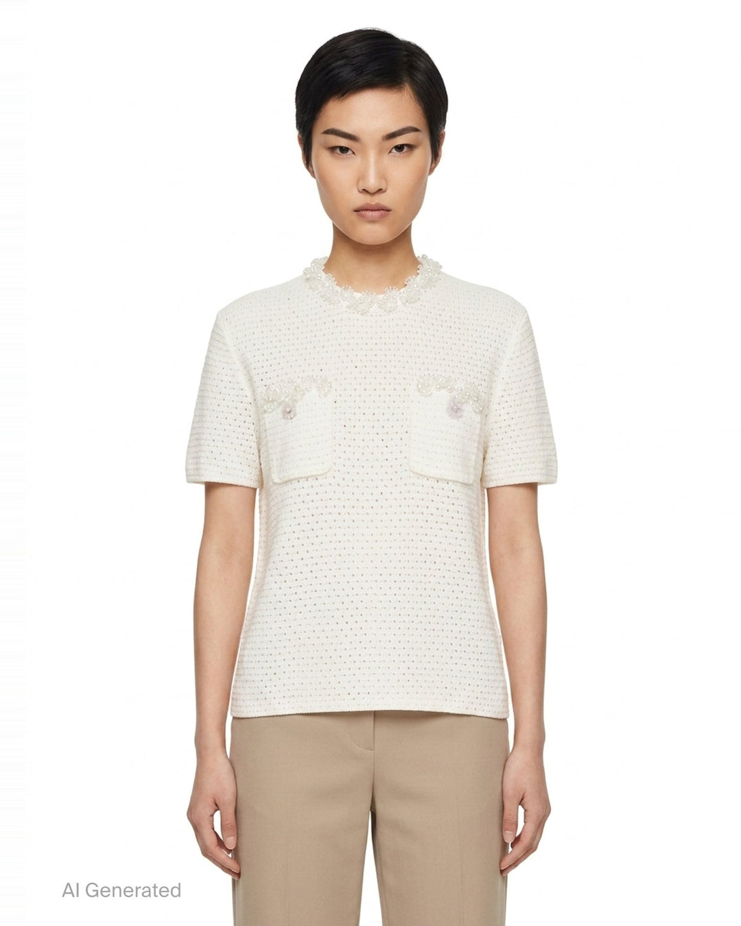 Cream Knit Pearl Trim Top | Self-Portrait | Club21 - front