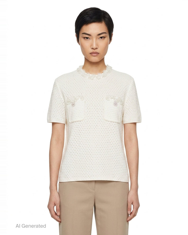 Cream Knit Pearl Trim Top | Self-Portrait | Club21 - front