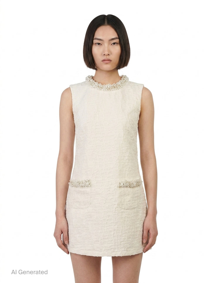 Cream Textured Pearl Trim Mini Dress | Self-Portrait | Club21 - front